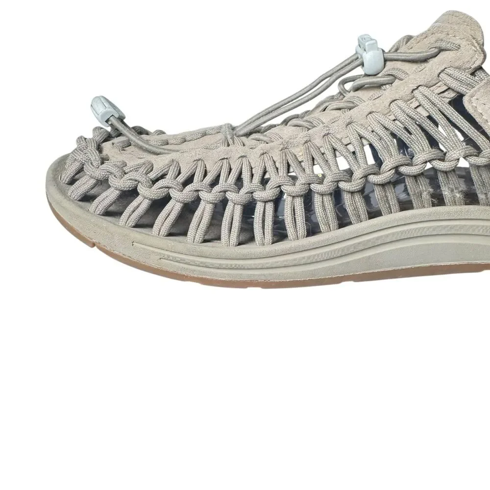 Keen Uneek Sandals Mens US 10 Gray Suede Walking Hiking Woven Bungee White Logo